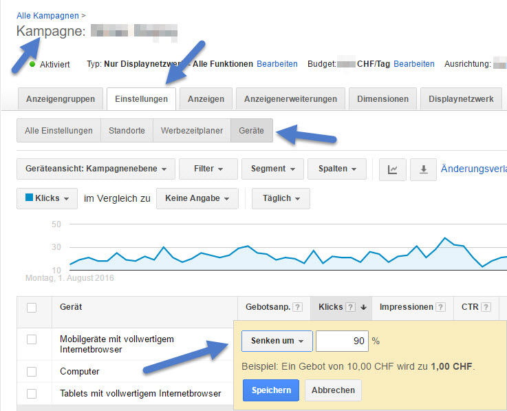 Screenshot von Google AdWords: Gebotsanpassung vornehmen